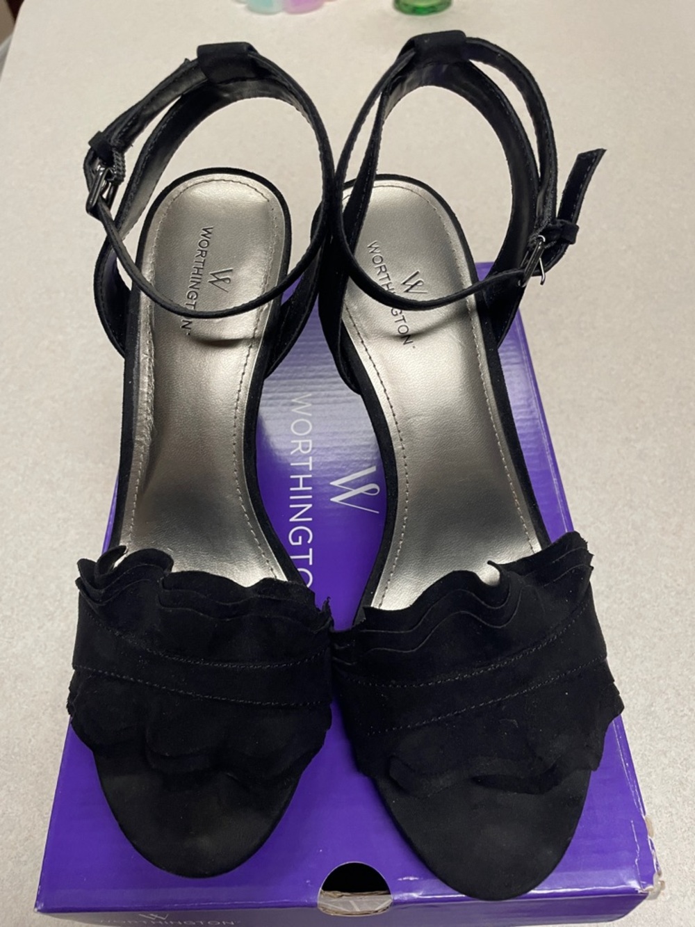 Worthington Black Suede Ruffle Ankle-Strap Sandals